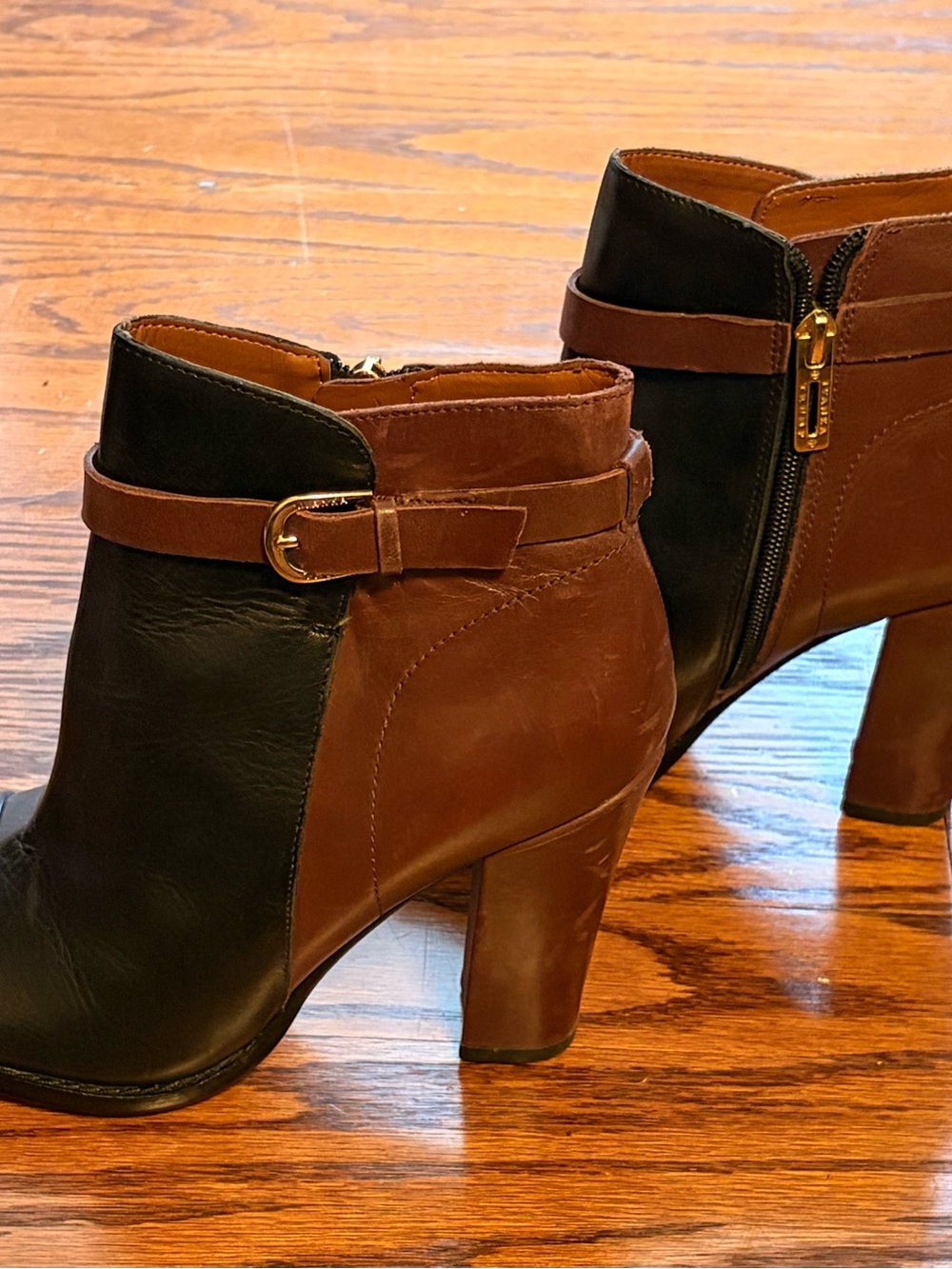 Ivanka Trump Black and Brown Leather Colorblock Ankle Booties